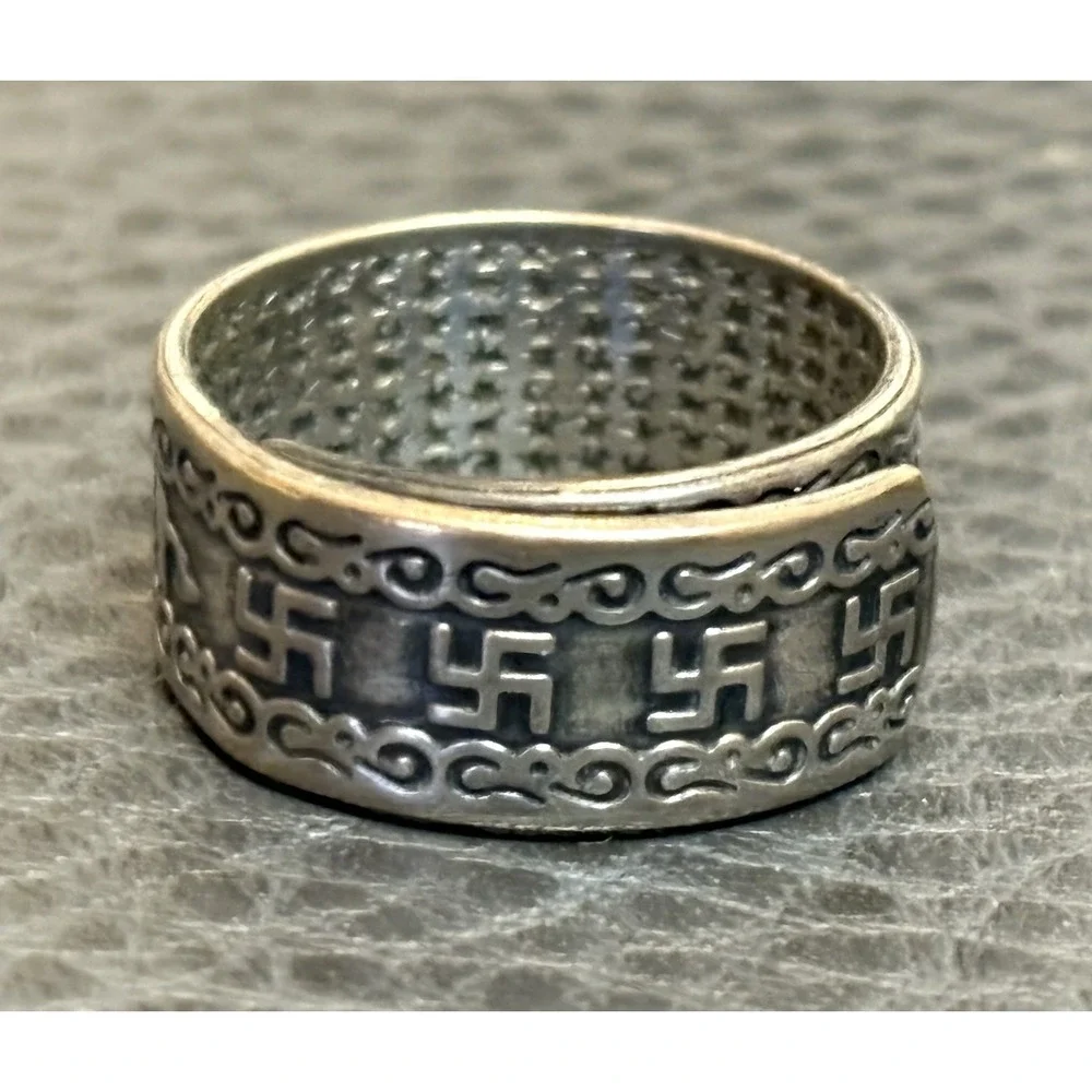 990 Silver Plated Lucky Pikiu Six Sutra Dragon Whirling Logs Boho Ring Sz 8